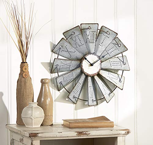Metal Windmill Wall Clock with Distressed Finish and Roman Numerals